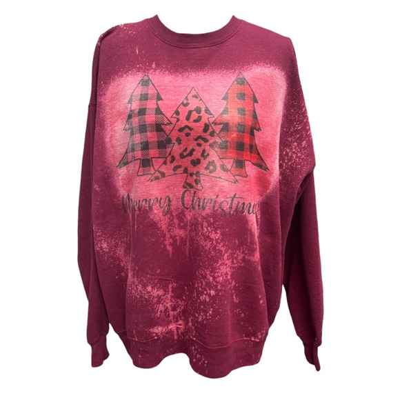 “Merry Christmas” Bleach Dyed Women’s XL Burgundy Crew Neck Sweatshirt - Picture 6 of 6